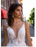 V Neck Beaded Ivory Lace Tulle Slit Wedding Dress